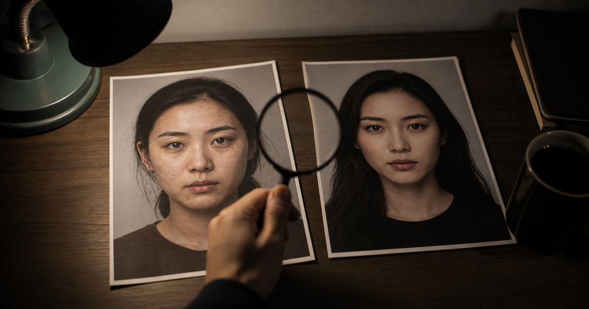 실제 얼굴과 AI 생성 얼굴 사진 사이를 돋보기로 비교하는 대표 이미지