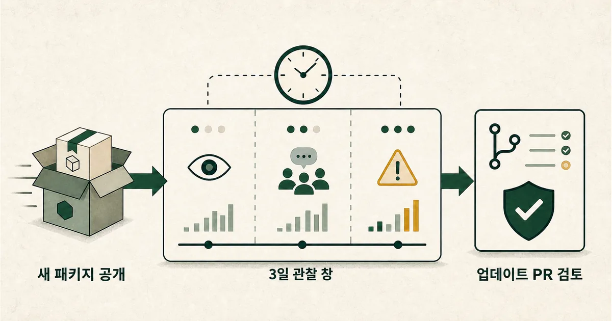 새 패키지 공개부터 3일 관찰 창과 업데이트 PR 검토까지 보여주는 Dependabot 쿨다운 도식