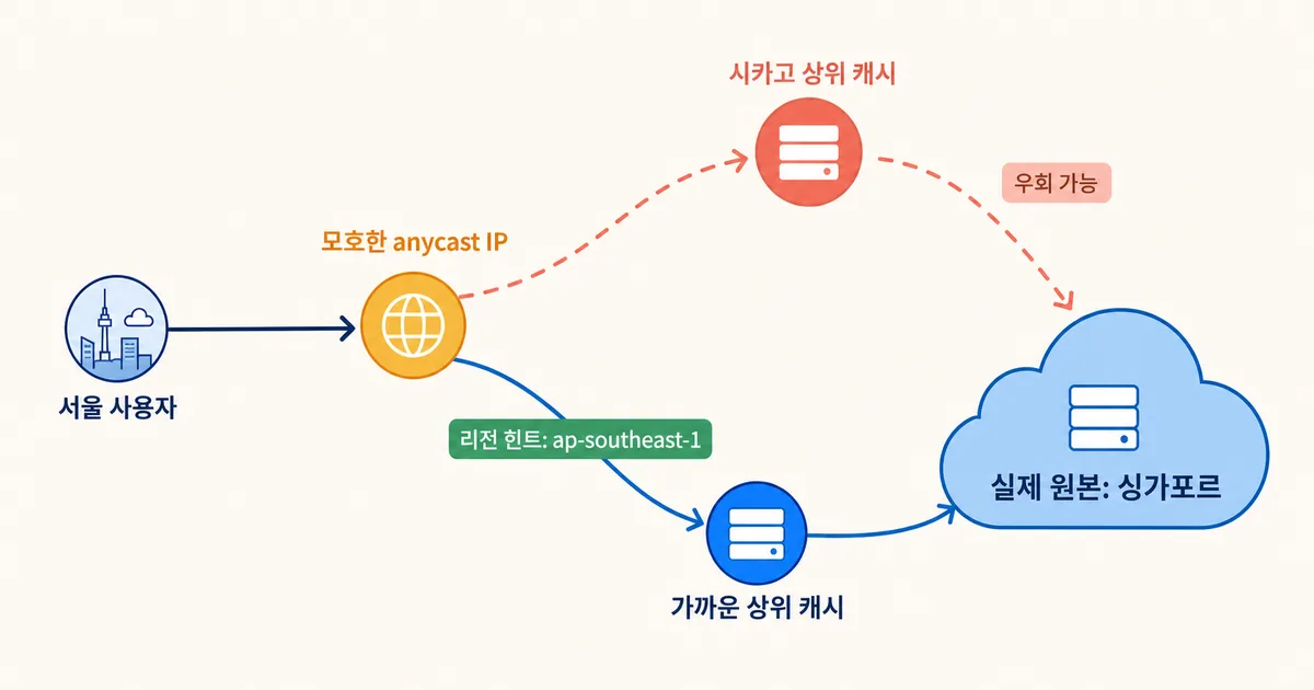 anycast 원본에 리전 힌트를 적용해 상위 캐시를 실제 클라우드 리전 가까이 선택하는 흐름