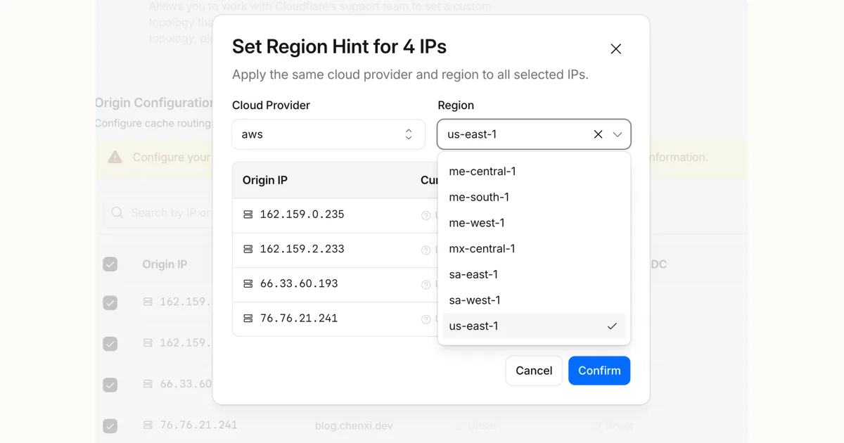 Cloudflare Origin Configuration에서 Cloud Provider와 Region을 선택하는 실제 화면