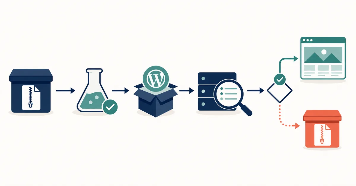 백업부터 스테이징 검증, WordPress 업데이트, 로그 확인과 실패 시 롤백까지의 조건부 흐름