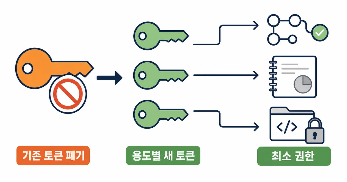Hugging Face 보안 공지 뒤 기존 토큰을 폐기하고 용도별 새 토큰으로 교체하는 대표 도식