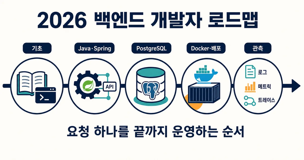 기초부터 Java Spring, PostgreSQL, Docker 배포와 관측까지 이어지는 2026 백엔드 개발자 로드맵
