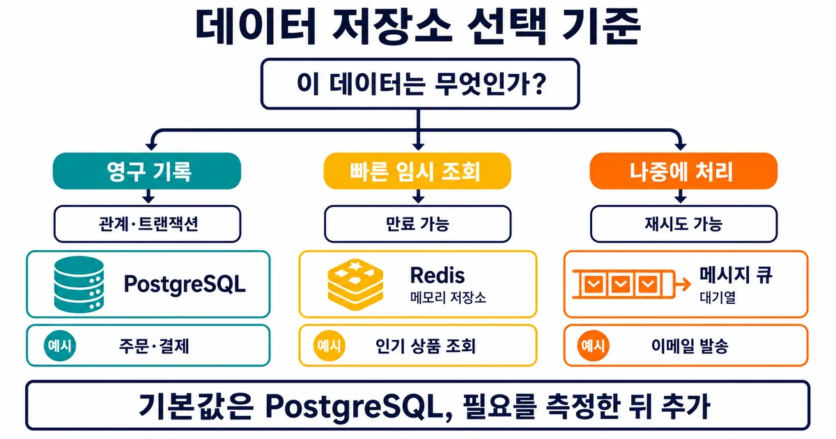 영구 기록은 PostgreSQL, 임시 조회는 Redis, 비동기 처리는 메시지 큐로 선택하는 기준