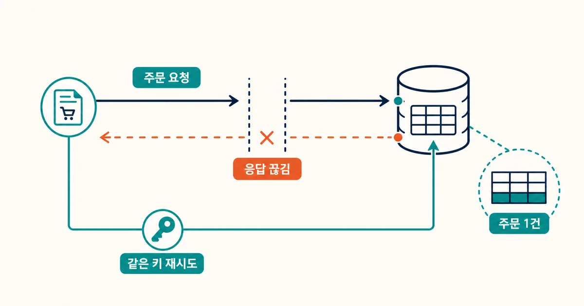응답이 끊긴 주문 요청이 같은 키 재시도로 단 하나의 주문 결과에 도달하는 흐름