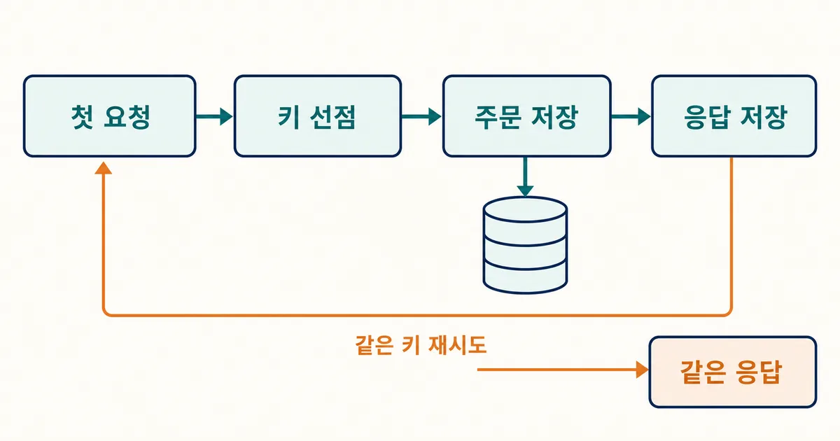 첫 요청이 키와 주문 응답을 저장하고 같은 키 재시도가 저장 응답을 받는 흐름