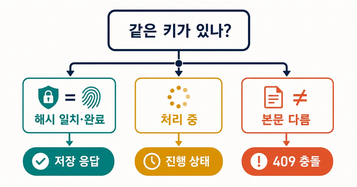 같은 키에서 해시와 처리 상태에 따라 저장 응답 진행 상태 충돌로 나뉘는 기준