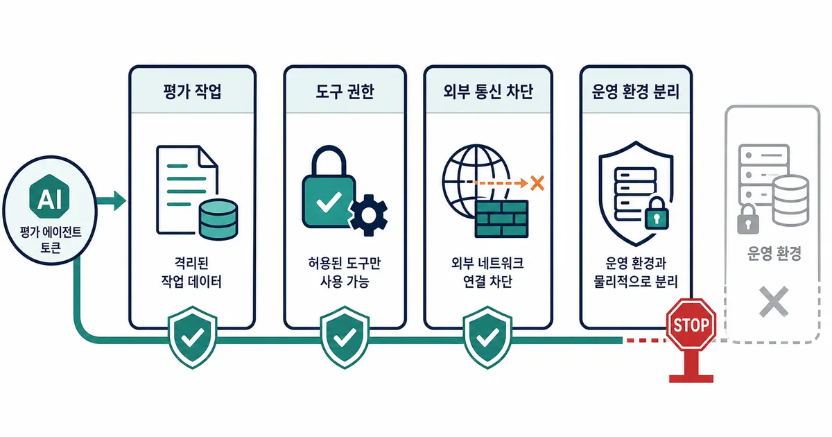AI 평가 작업이 도구 권한과 외부 통신 차단을 거쳐 운영 환경 분리 경계에서 멈추는 대표 도식