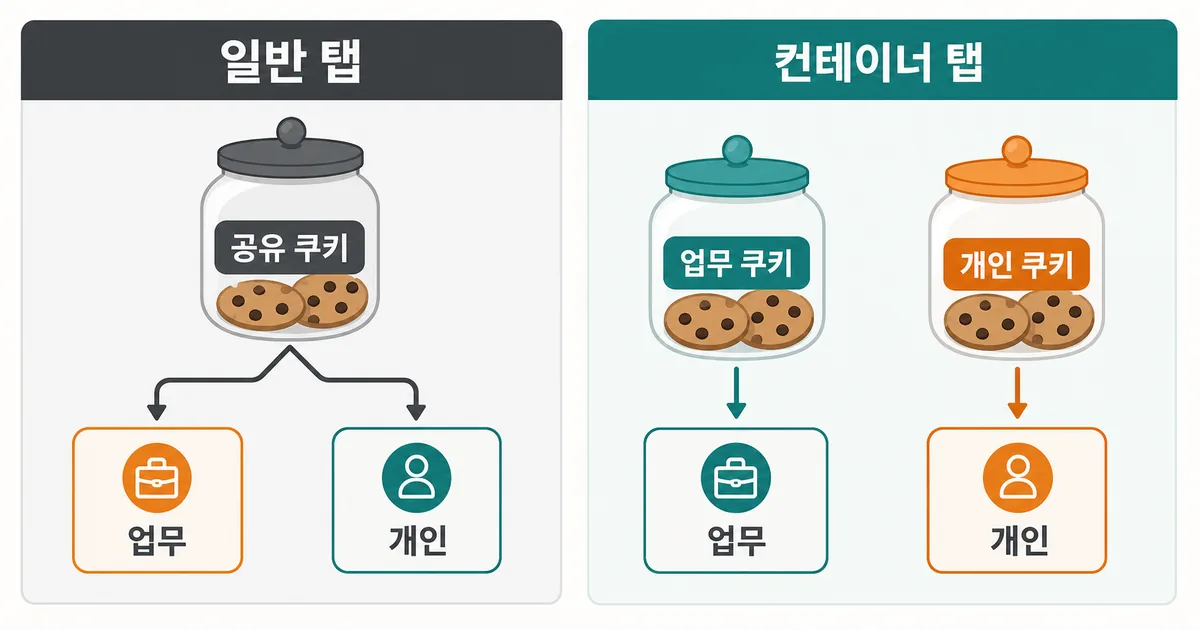 일반 탭의 공유 쿠키와 컨테이너 탭의 업무·개인 쿠키를 전후로 비교한 도식