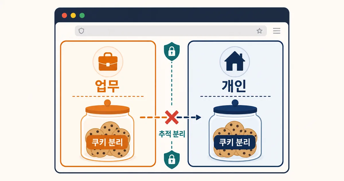 업무와 개인 컨테이너가 각각의 쿠키를 보관하고 컨테이너 사이 추적이 분리되는 Firefox 대표 도식