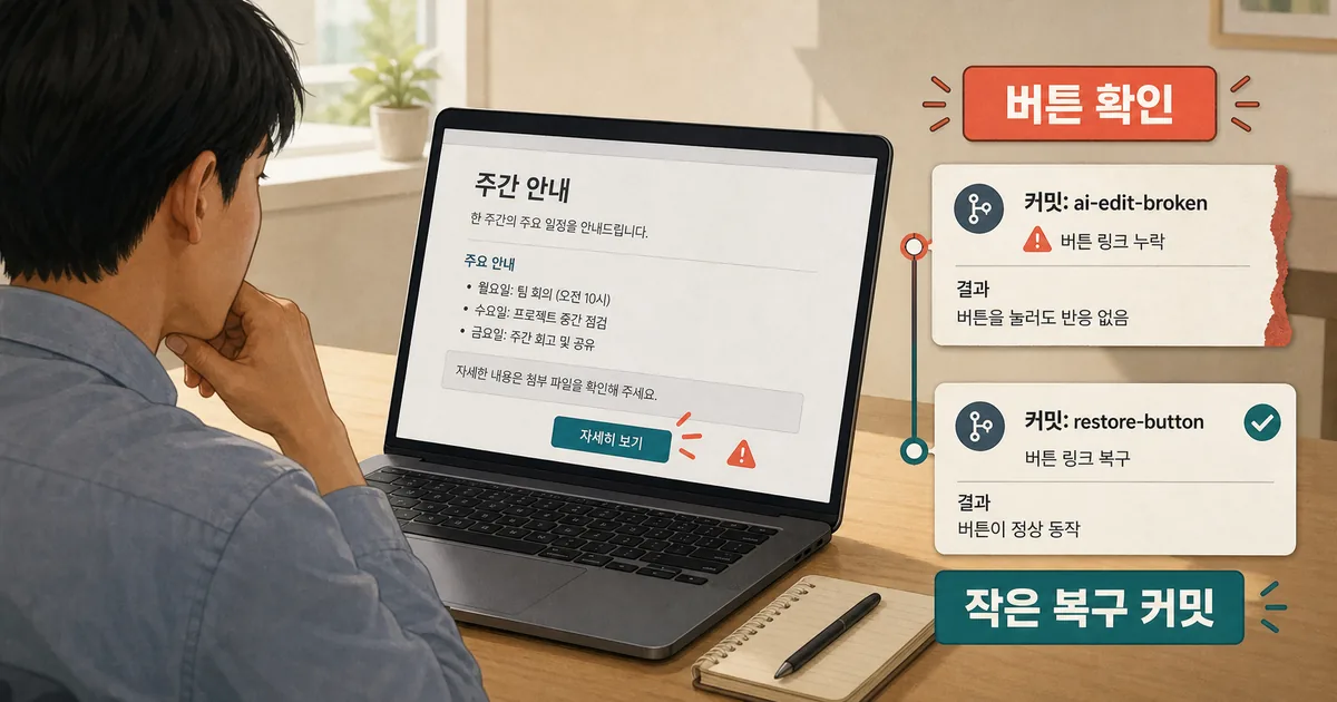 AI 수정으로 멈춘 공지 버튼을 확인하고 작은 Git 복구 커밋으로 정상 동작을 되찾는 대표 일러스트