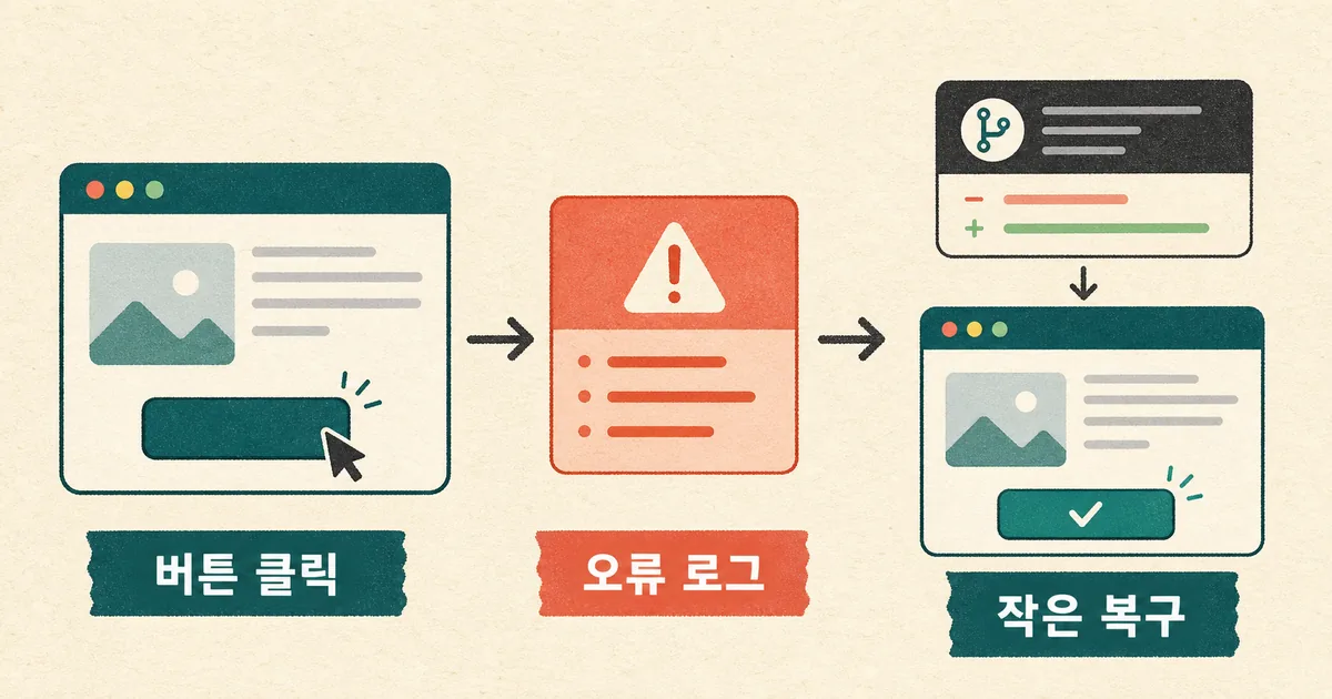 버튼 클릭과 오류 로그, 작은 복구를 연결한 한국어 설명 도식