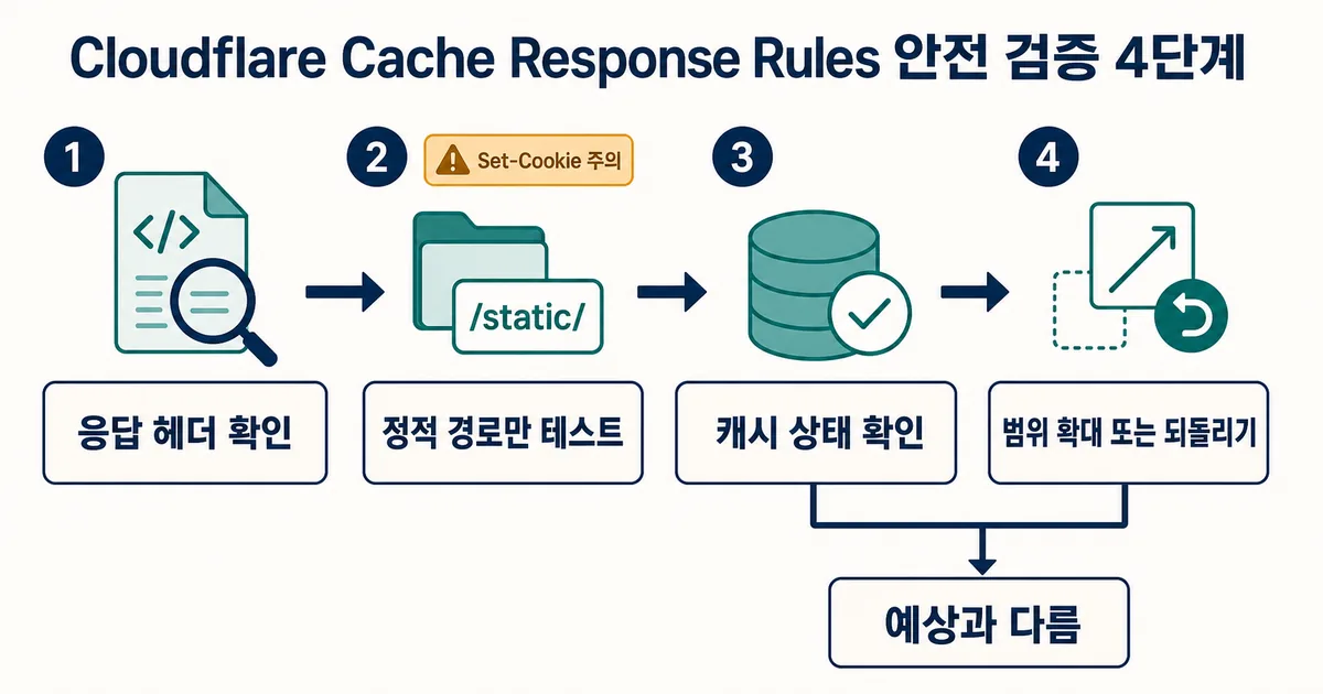 응답 헤더 확인부터 정적 경로 테스트, 캐시 상태 검증, 되돌리기까지 이어지는 안전한 적용 순서 도식