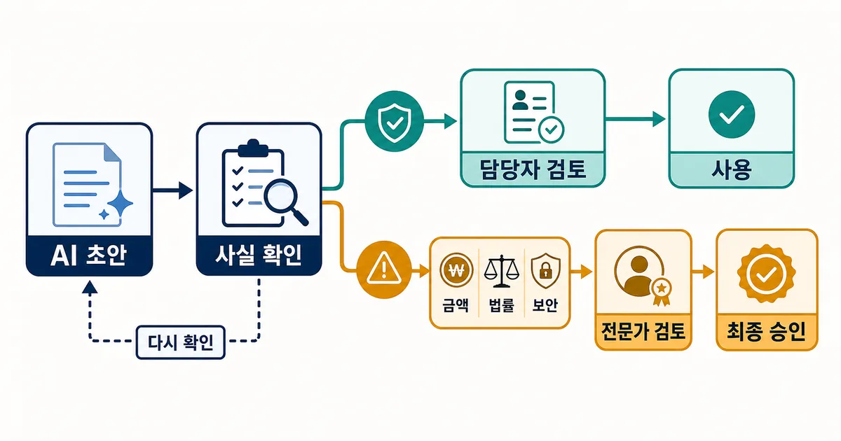 AI 초안과 사실 확인 뒤 위험이 낮으면 담당자가 검토하고 금액, 법률, 보안 업무는 전문가 검토와 최종 승인을 거치는 흐름