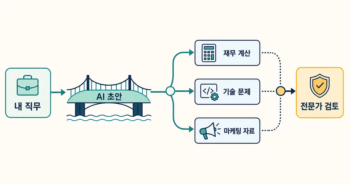 내 직무에서 AI 초안을 거쳐 재무 계산, 기술 문제, 마케팅 자료로 업무 범위가 넓어지고 전문가 검토로 모이는 흐름