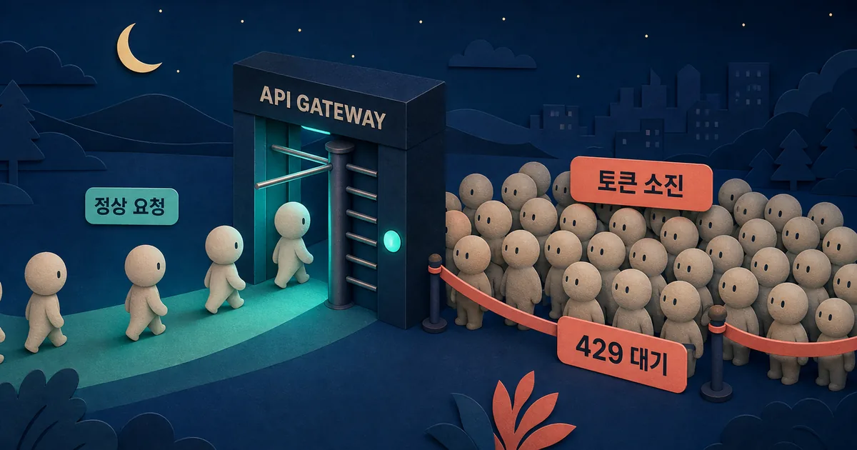 정상 요청은 통과하고 토큰이 소진된 과도한 요청은 429 대기열로 향하는 API 관문