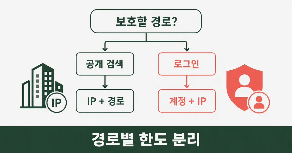 공개 검색과 로그인에 맞춰 IP와 계정 조합 키를 선택하는 기준