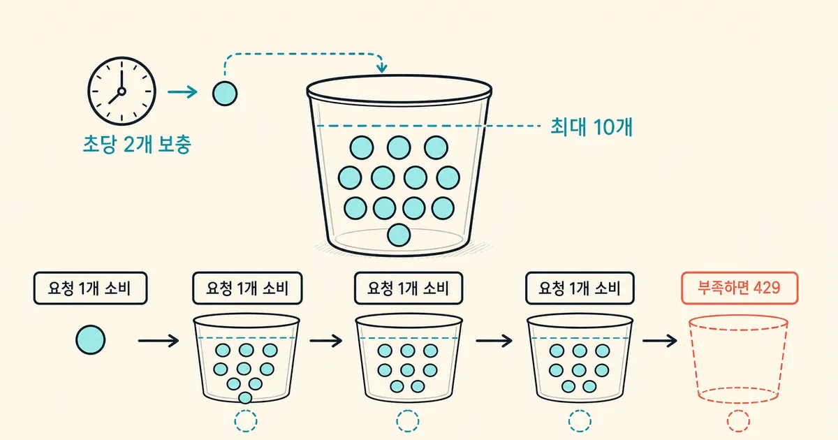 토큰 버킷이 시간에 따라 토큰을 보충하고 요청마다 소비하는 흐름