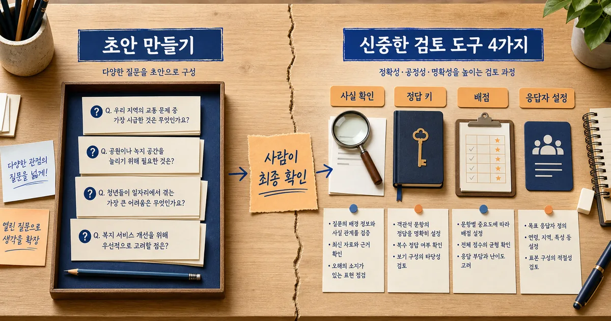 문항 초안 생성과 사실 확인·정답 키·배점·응답자 설정을 구분하는 Google Forms 퀴즈 검토 기준