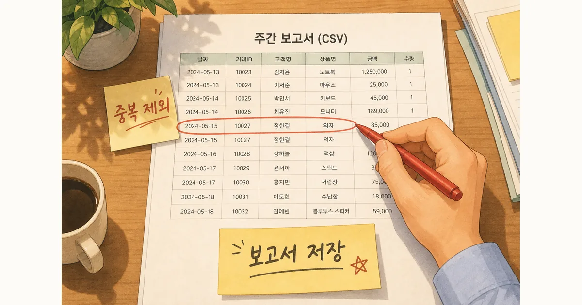 두 업무 CSV에서 중복 행을 찾아 주간 보고서를 저장하는 대표 일러스트
