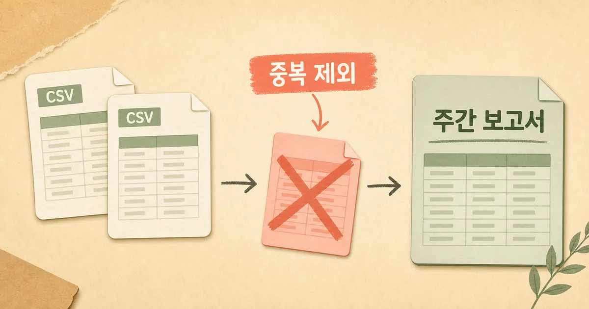 두 CSV 입력에서 중복을 제외하고 주간 보고서를 만드는 설명 일러스트
