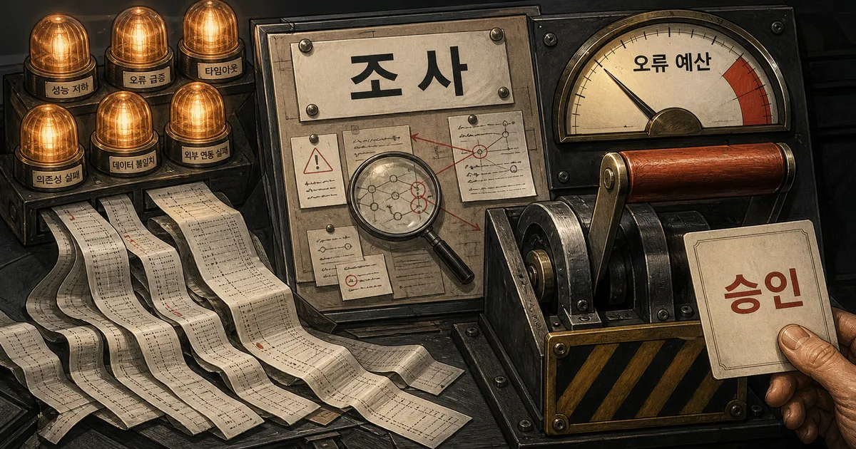 경보등과 추적 기록이 조사 보드에 모이고 오류 예산 게이지 앞에서 승인 레버가 멈춘 SRE 장애 대응 장면