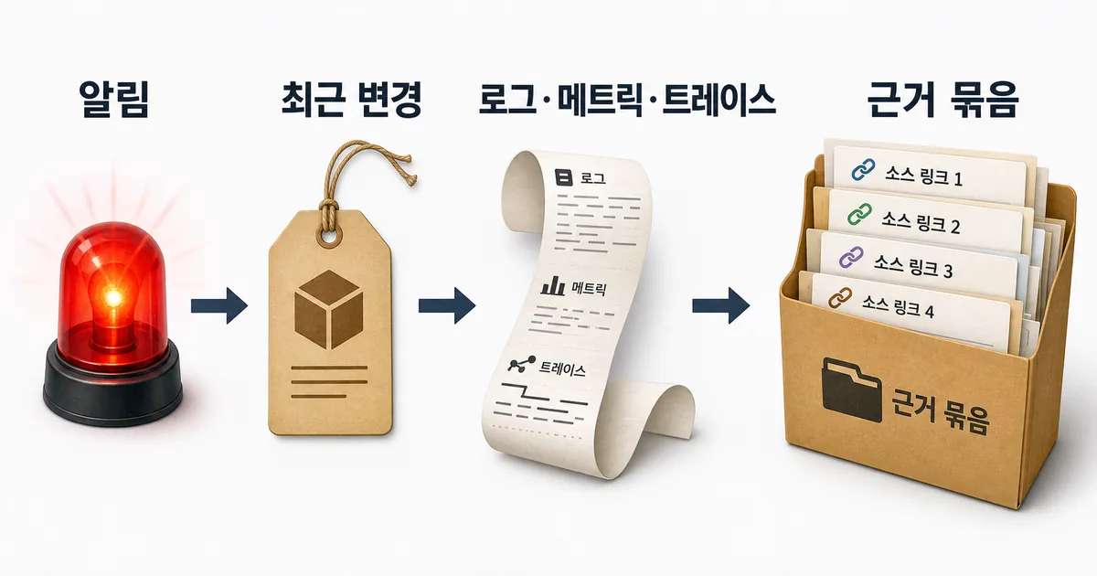 알림과 최근 변경, 로그·메트릭·트레이스가 근거 묶음으로 이어지는 AI SRE 조사 흐름도