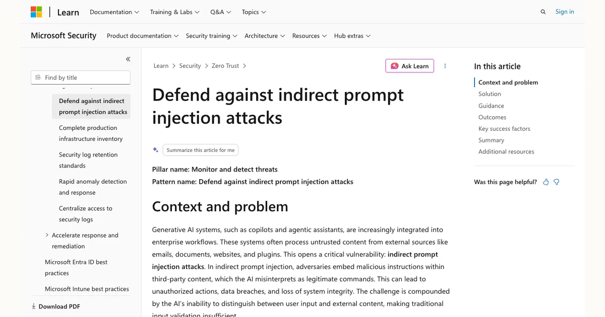 Microsoft Learn의 간접 프롬프트 인젝션 방어 문서 제목과 문서·이메일 기반 외부 콘텐츠 위험 설명