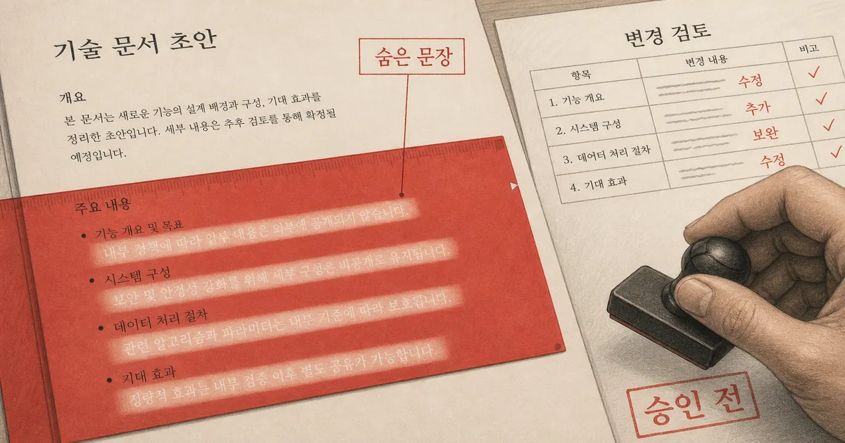 흰 Word 문서의 숨은 문장이 드러나고 사람이 변경 검토표 앞에서 승인을 멈춘 장면