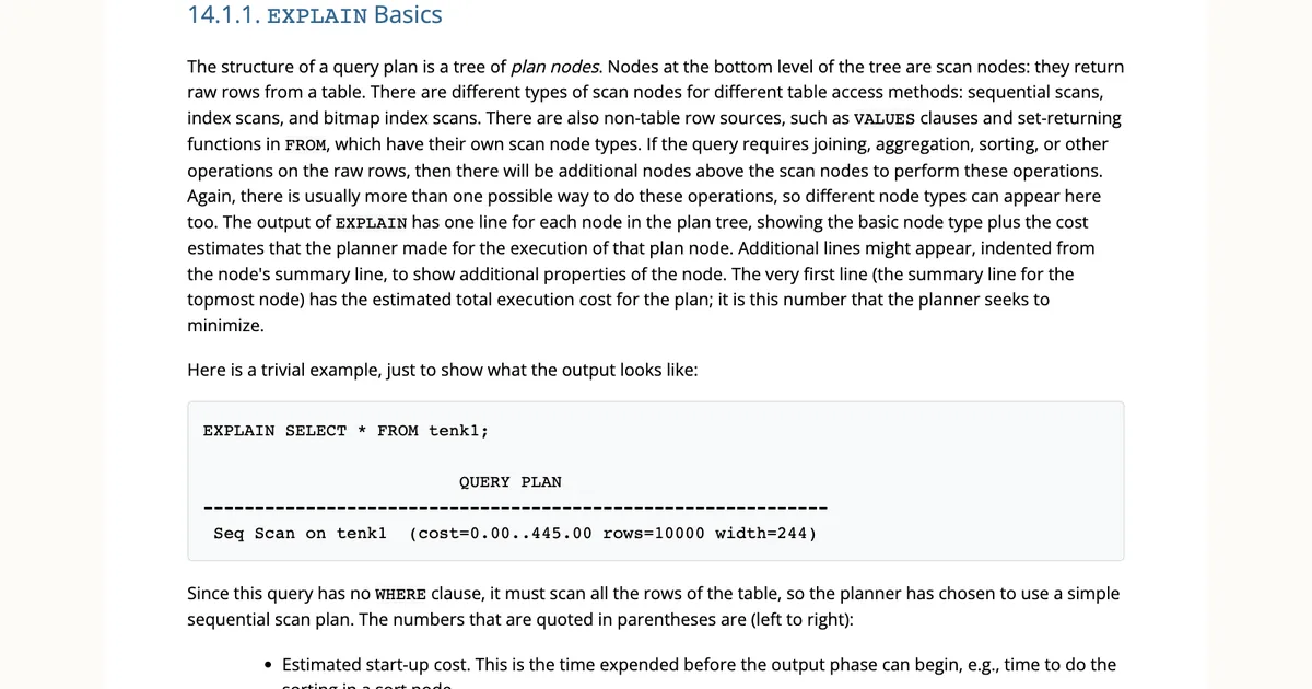 PostgreSQL 공식 EXPLAIN 문서의 계획 노드와 순차 스캔 예제 화면