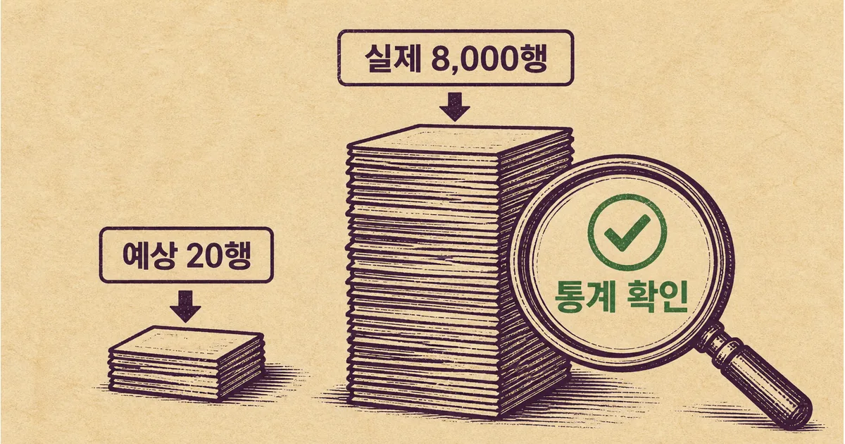 예상 20행과 실제 8000행의 차이를 통계 확인으로 이어 보는 도식