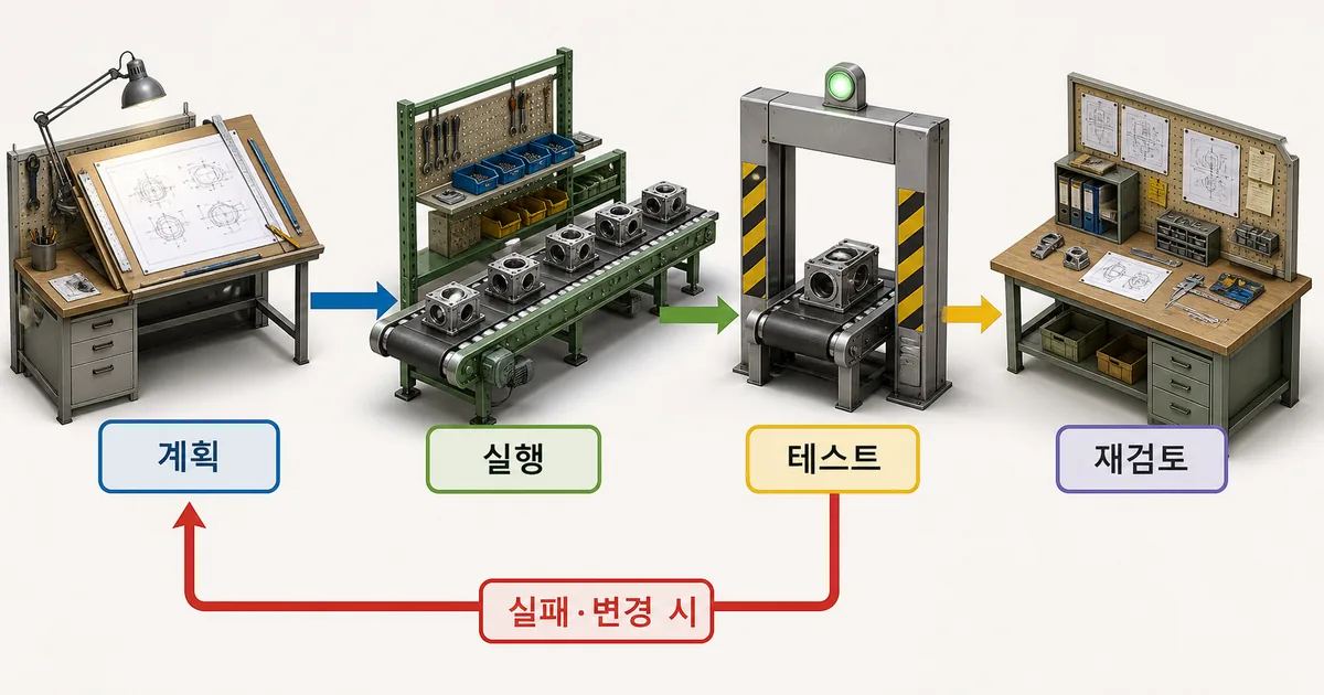계획, 실행, 테스트, 재검토로 이어지고 실패 또는 변경 시 재검토로 분기하는 에이전트 작업 흐름