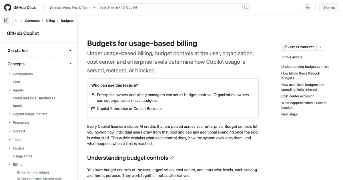 GitHub Docs의 Copilot 사용량 기반 예산 문서에서 AI credits 풀과 예산 제어를 설명하는 부분