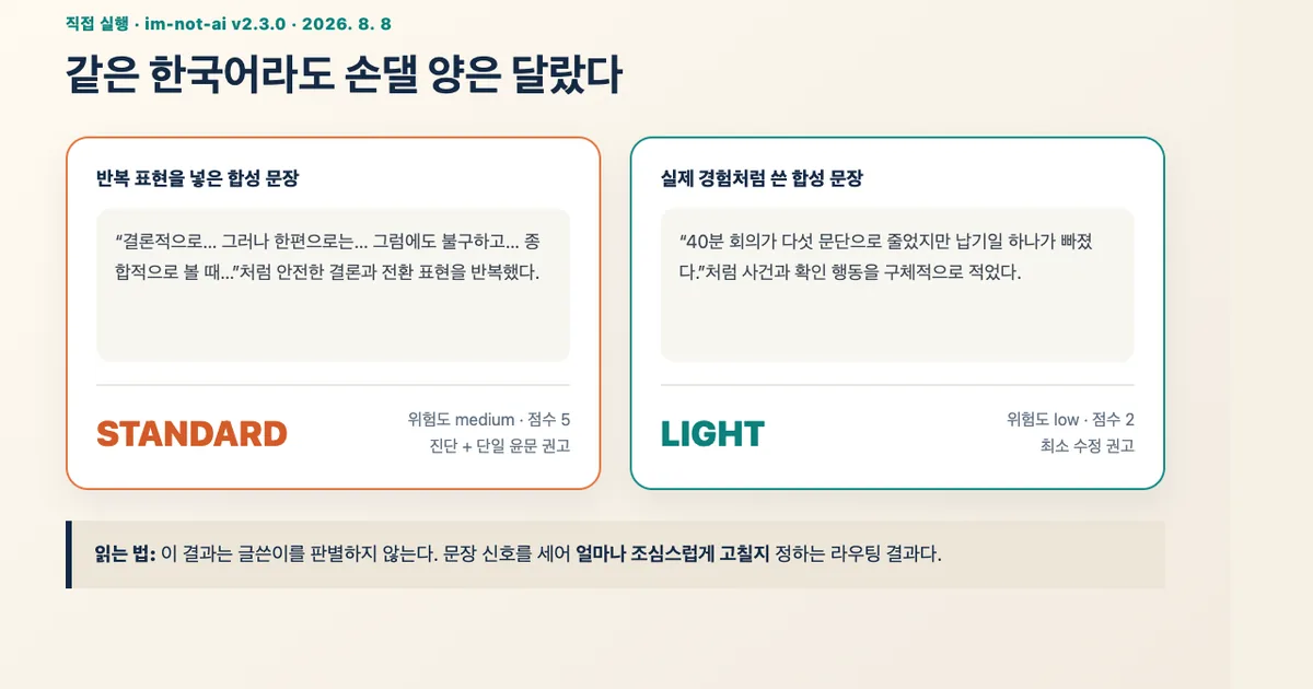 반복 표현 합성 문장은 standard, 경험 중심 합성 문장은 light로 나온 실제 라우팅 결과