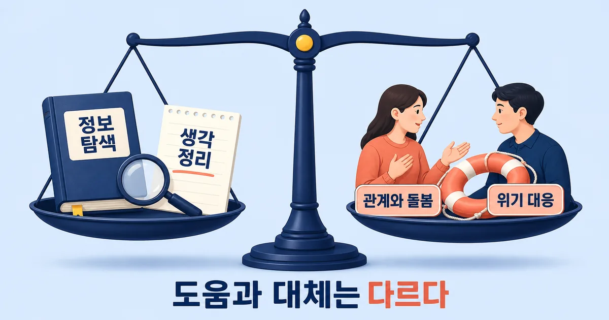 정보 탐색과 생각 정리는 AI가 도울 수 있지만 관계와 돌봄, 위기 대응은 사람이 맡아야 함을 보여주는 저울